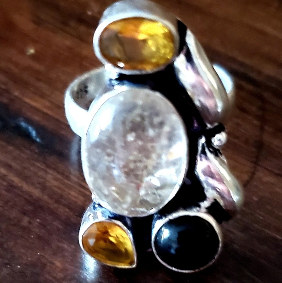 New Rutile Quartz, Citrine, Black Onyx 925 Silver Ring. - Picture 5 of 10